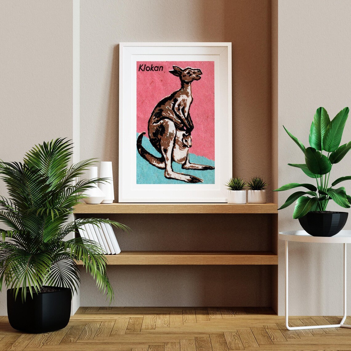 Klokan Kangaroo Joey Pink Vintage Czech Matchbox Animal Art Poster - Image 2