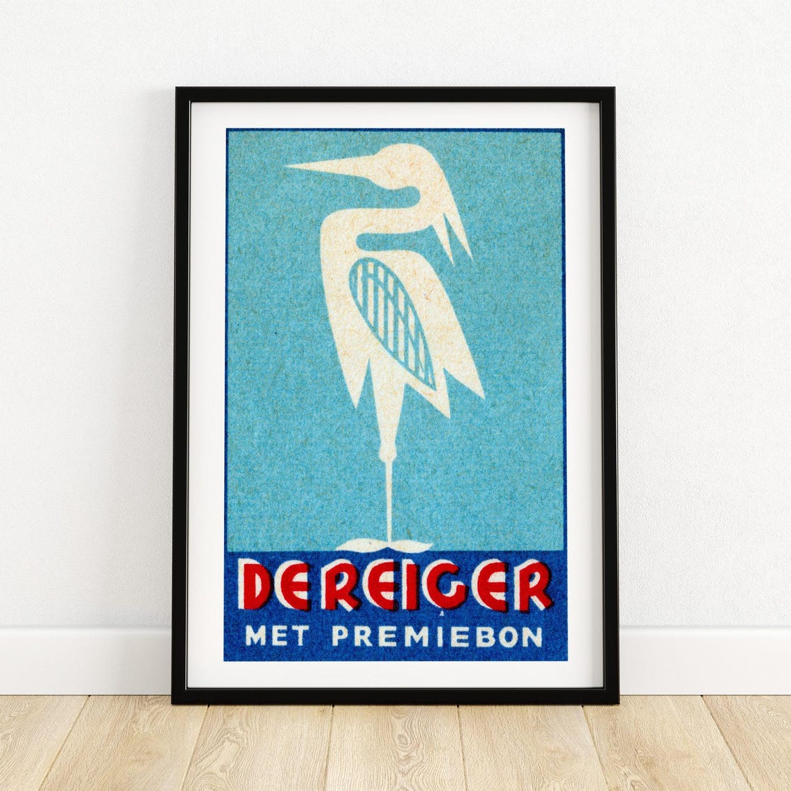 De Reiger White Heron Dutch Vintage Matchbox Art Poster Teal