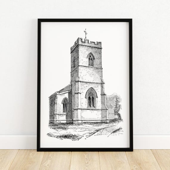 Stone Church Northamptonshire Architectural Illustration Historical Wall Art Unique Home Decor