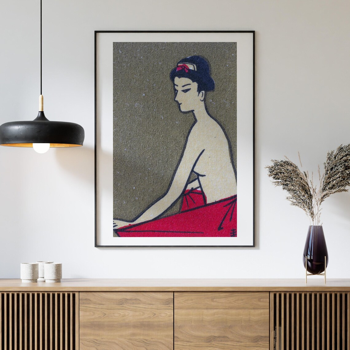 Japanese Woodblock Geisha Woman Red Wrap Grey Ground Art Poster - Image 4