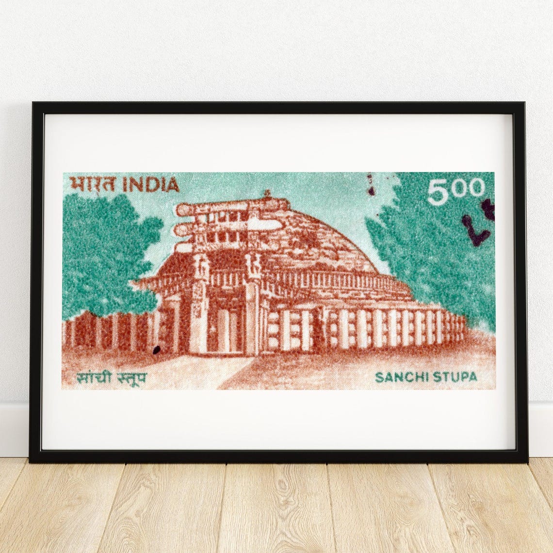 India Sanchi Stupa 500 Buddhist Monument Vintage Stamp Art Poster