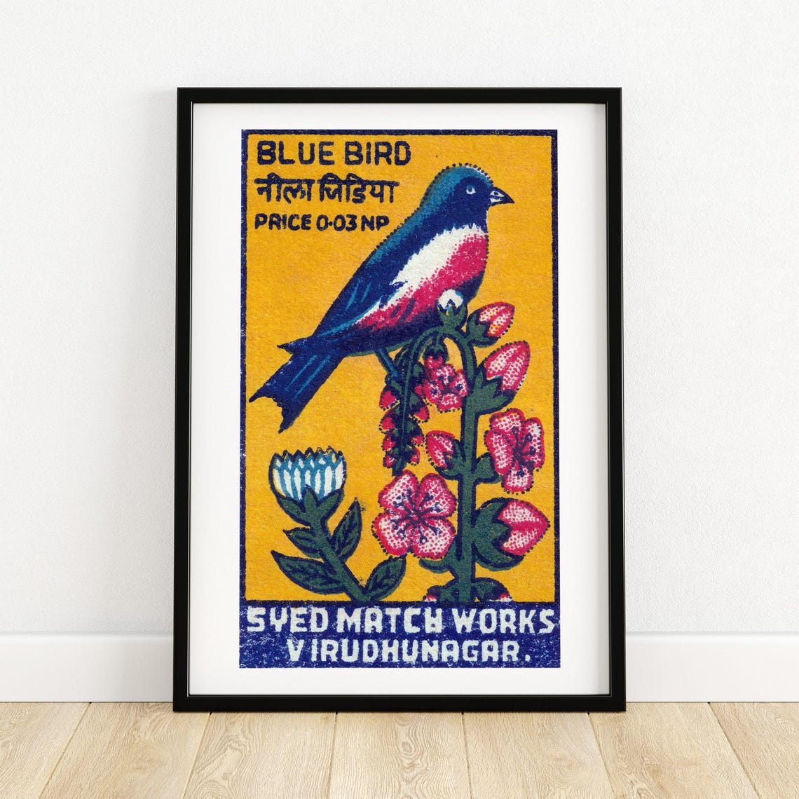 Blue Bird Indian Match Label Bird Flowers Retro Nature Poster
