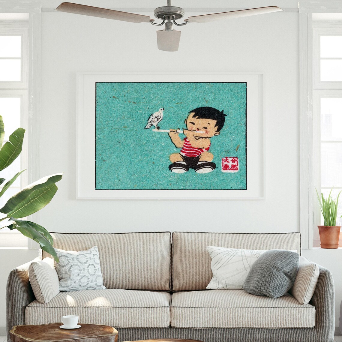 Boy Playing Flute With Bird, Vintage Poster Print - Image 3