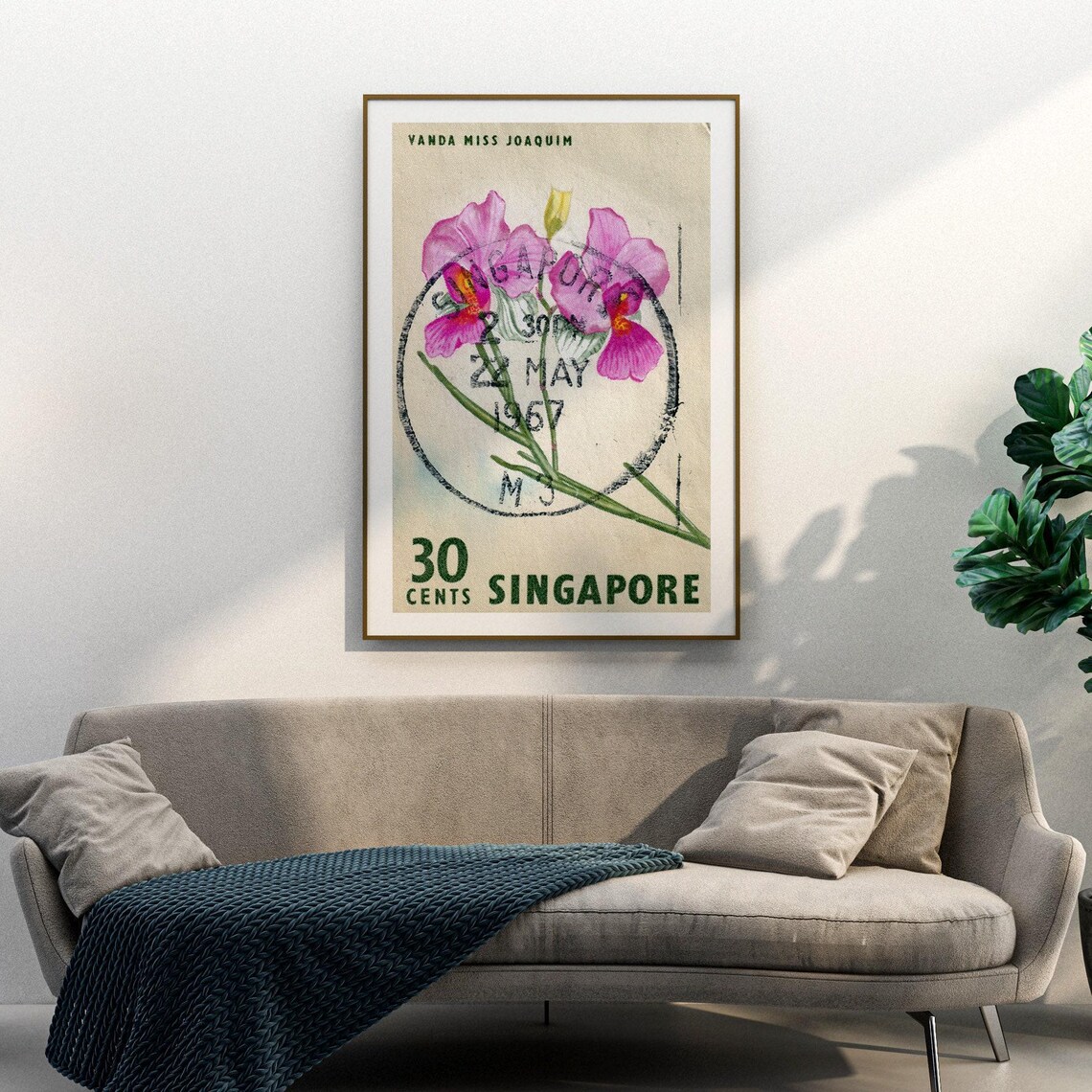 Purple Flowers Singapore Postage Stamp, Vintage Poster - Image 3