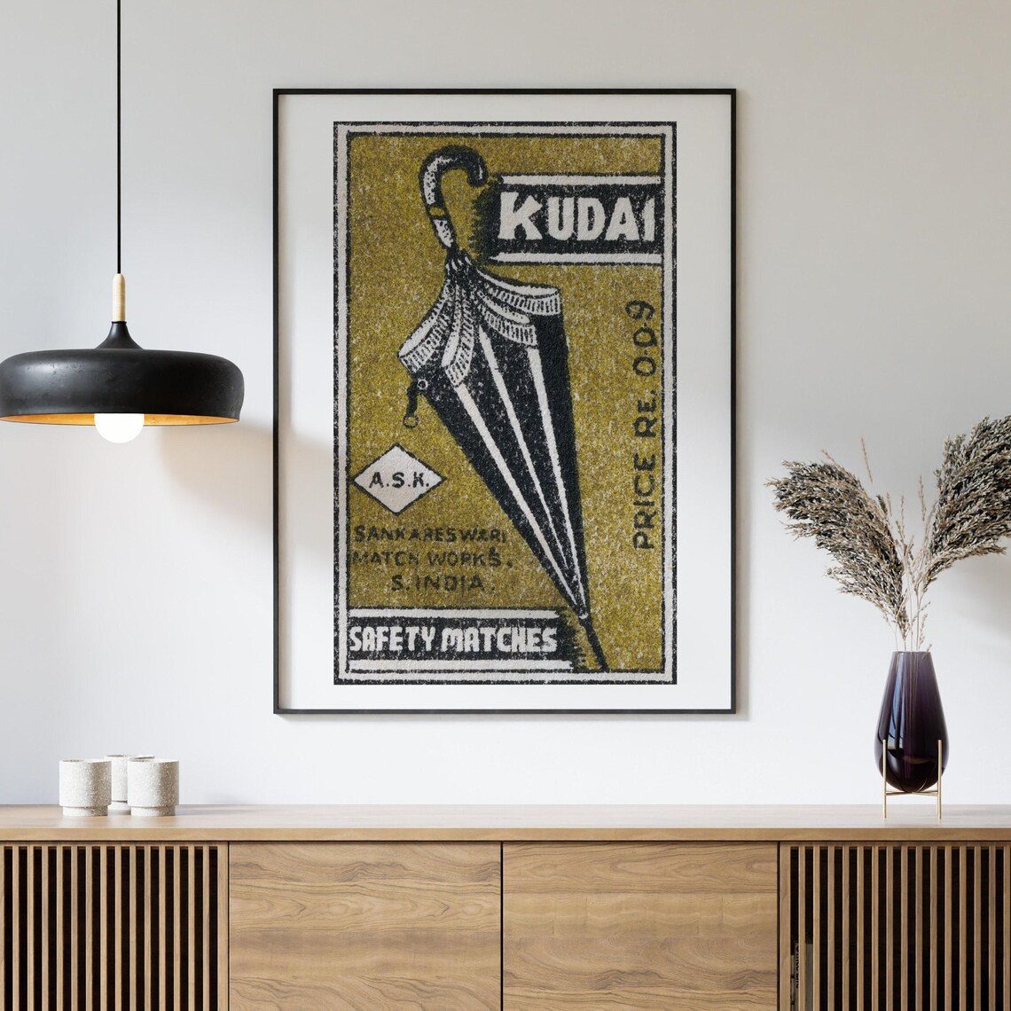 Kudai Umbrella Indian Safety Matches Vintage Label Art Poster - Image 4