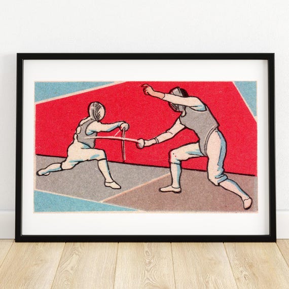 Fencing Duel Art Print Vintage Sports Illustration Mid Century Modern Decor Unique Wall Art Gift For Fencing Enthusiasts A4