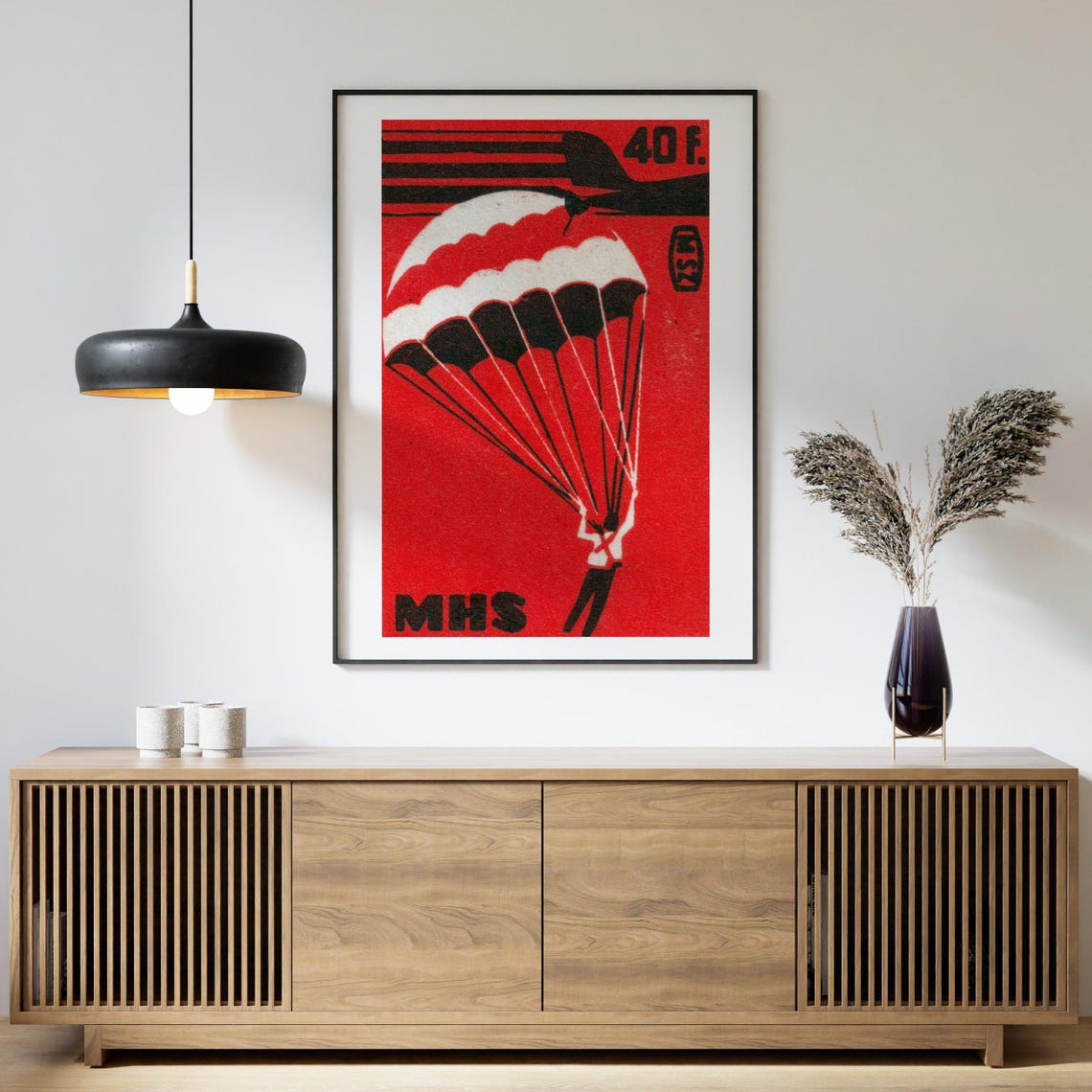 Bold Red Parachutist Jumping Vintage Matchbox Label Art Poster - Image 4
