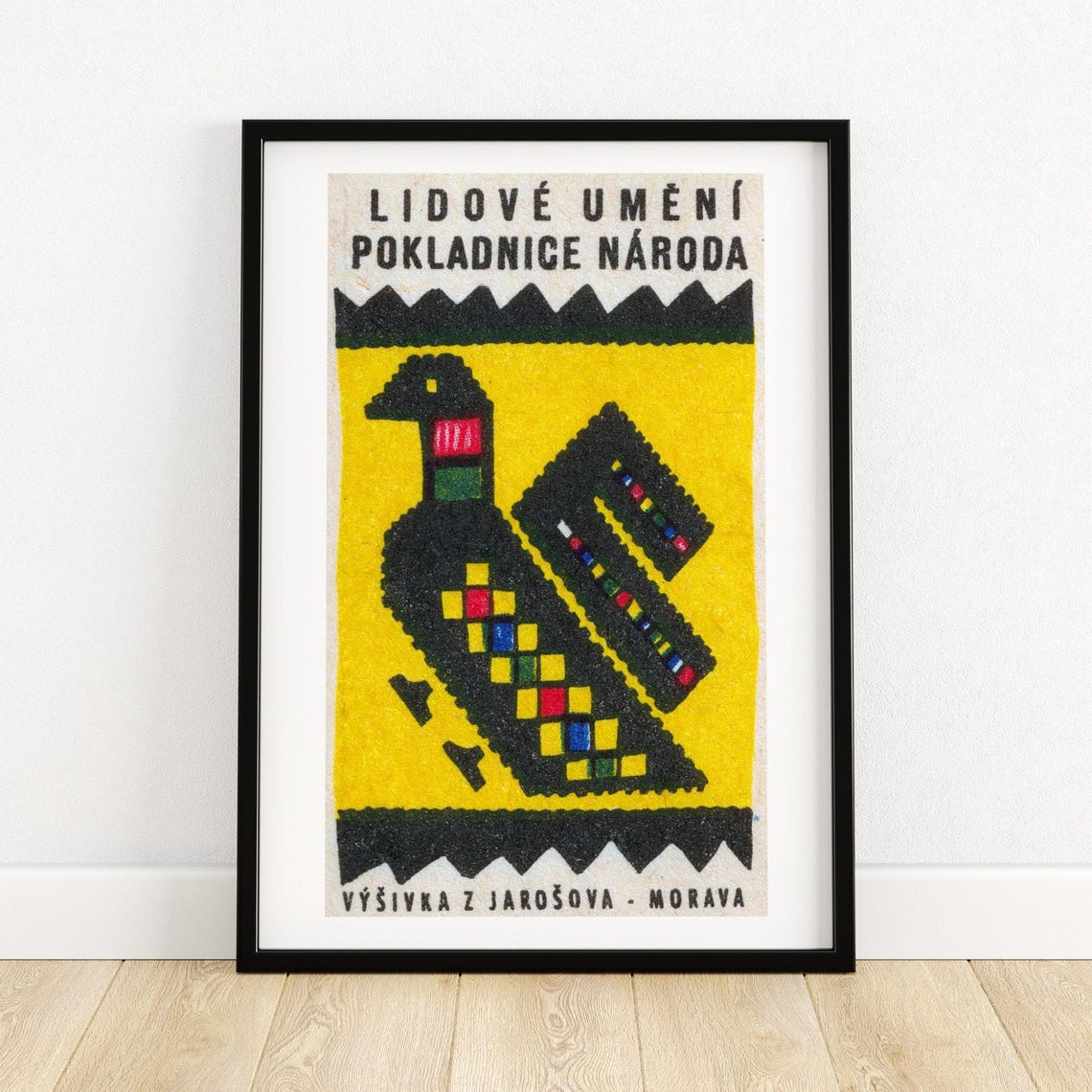 Black Folk Bird Moravian Embroidery Jarošov Vintage Label Poster