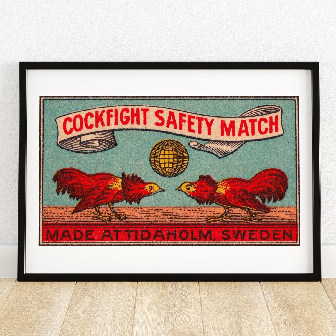 Cockfight Roosters Vintage Swedish Safety Match Label Art Poster