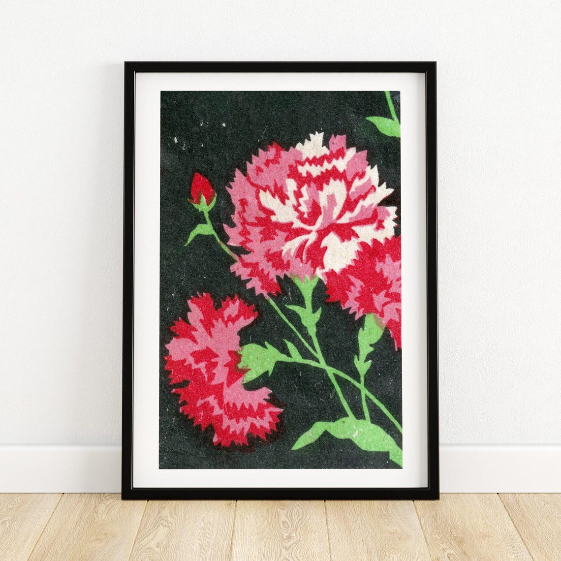 Pink Carnations On Black Vintage Floral Matchbox Label Art Poster