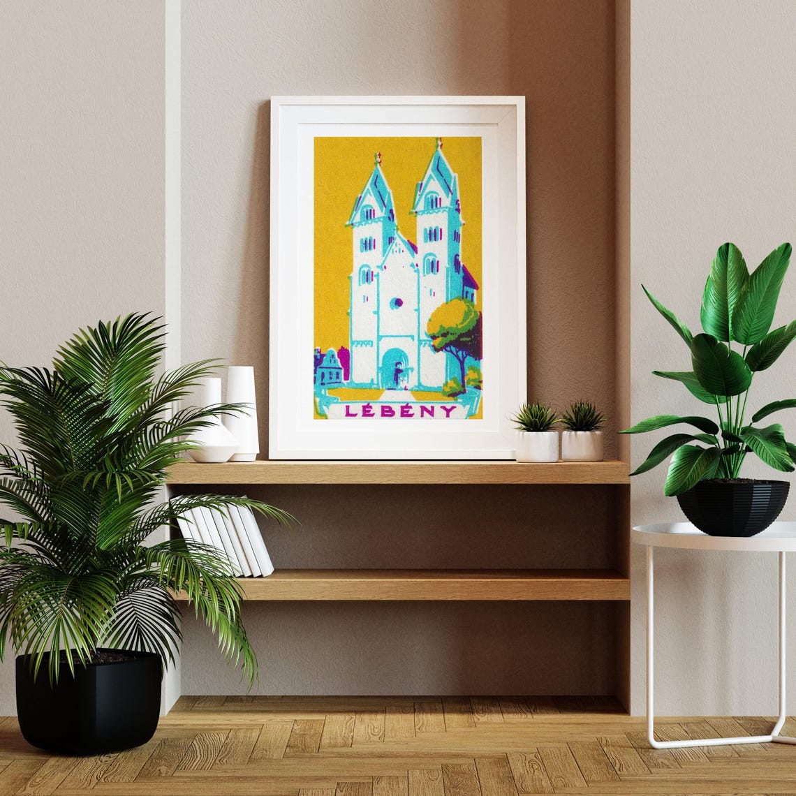 Lebeny Twin Spire Church Yellow Vintage Hungarian Matchbox Poster - Image 2