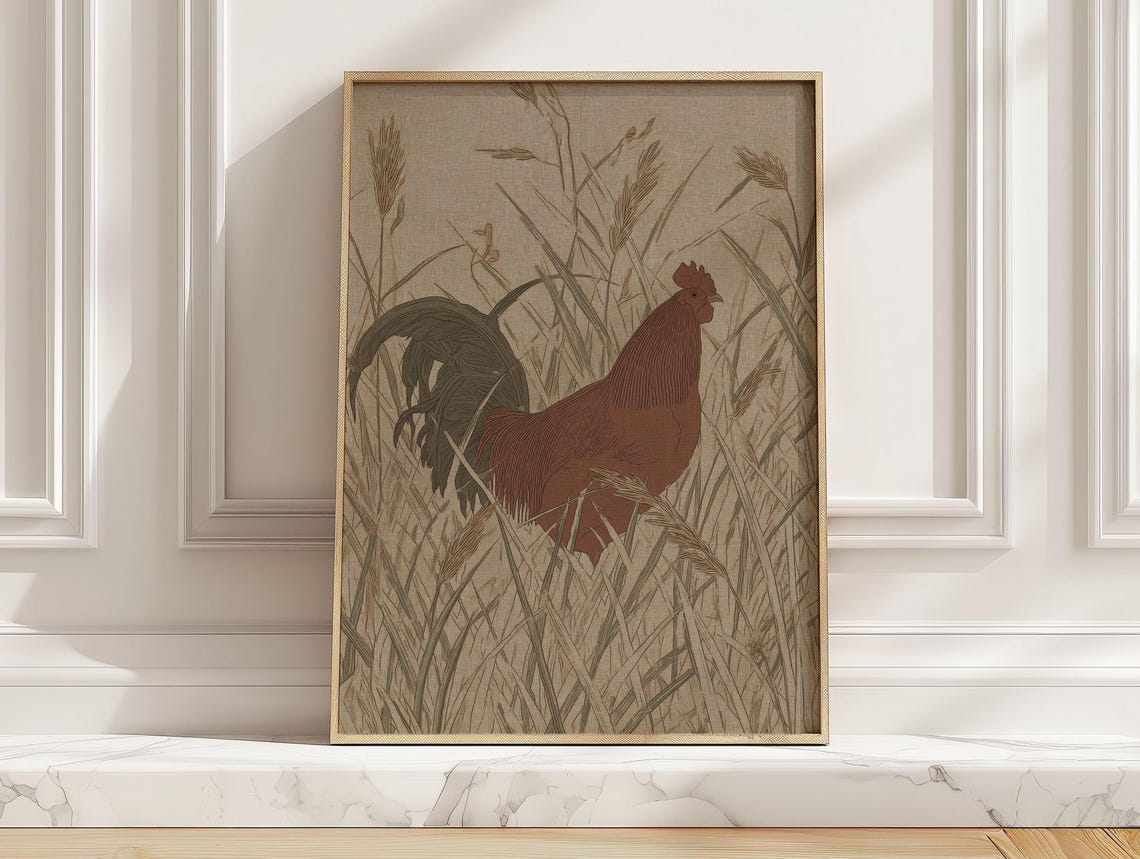 Vintage Rooster Standing Tall Grass Farmhouse Kitchen Art Poster