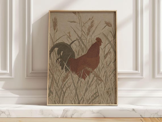 Vintage Farmhouse Rooster Art Print Botanical Meadow Chicken Poster Neutral Sage And Beige Country Kitchen Wall