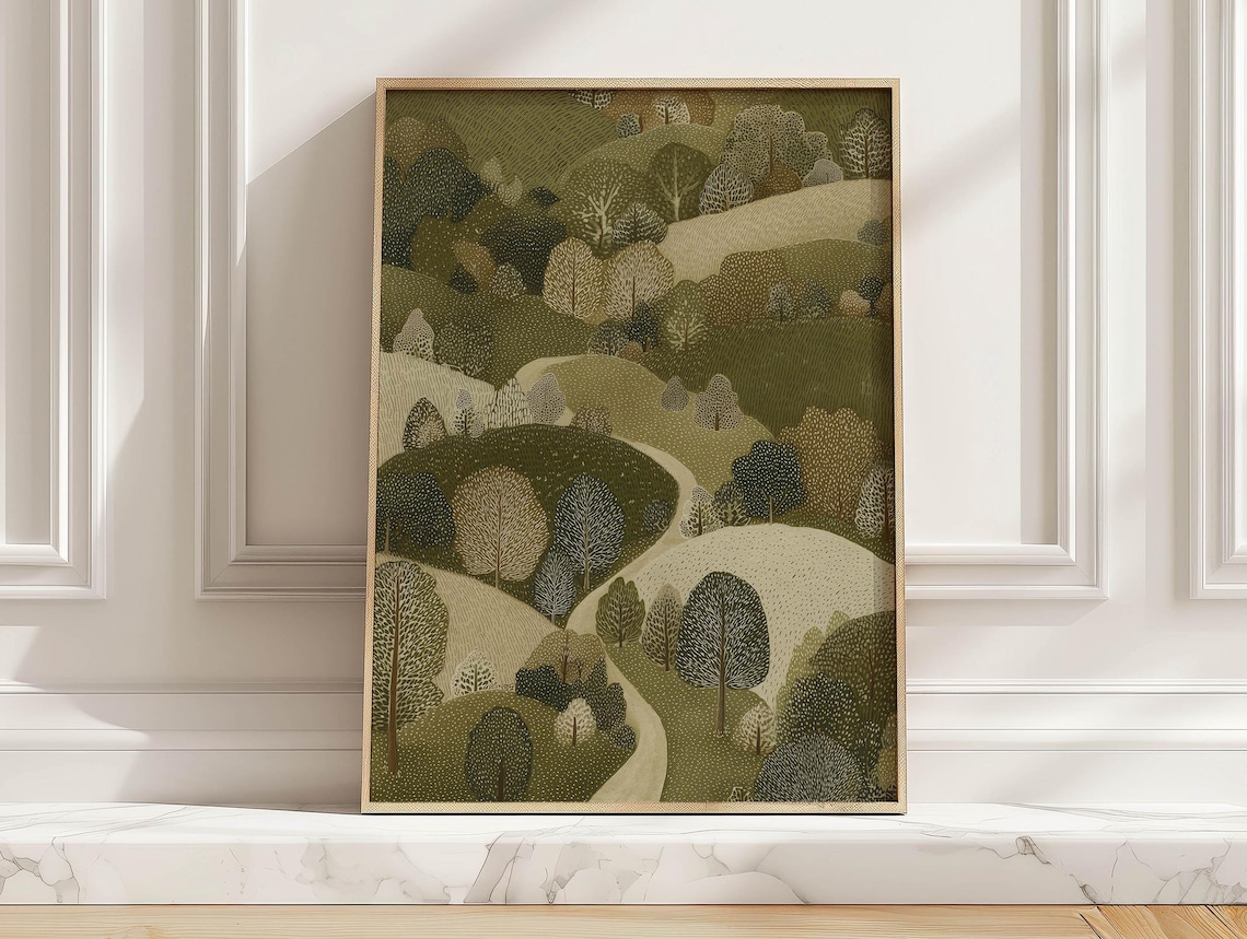 Woodland Landscape Art Print, Rustic Nature Illustration