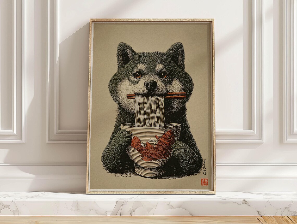 Shiba Inu Puppy Ramen Bowl Koi Fish Japanese Woodblock Art Poster