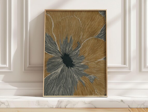 Abstract Mustard Yellow Flower Bloom Poster Midcentury Modern Style Botanical Line Art Minimal Floral Artwork For Dining Room