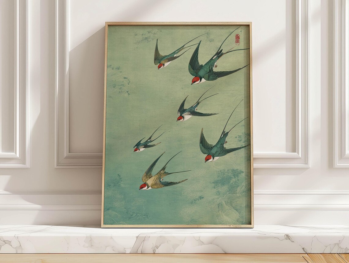 Japanese Swallow Birds Vintage Woodblock Style Teal Flight Poster