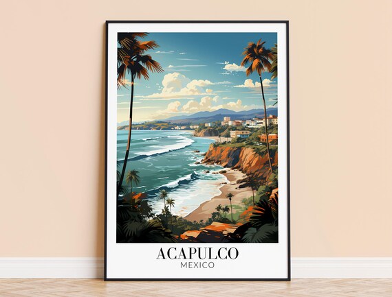 Acapulco Mexico Cliffside Beach Palm Trees Vintage Travel Poster