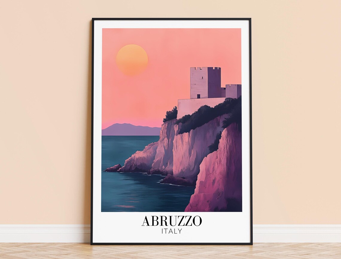 Abruzzo Coastal Cliff Castle Rosy Pink Sunset Glow Travel Poster