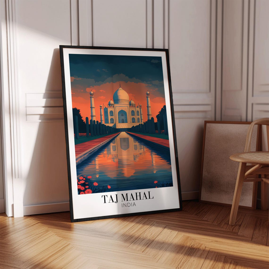 Taj Mahal Fiery Sunset Sky Mirror Reflection Gardens India Poster - Image 4
