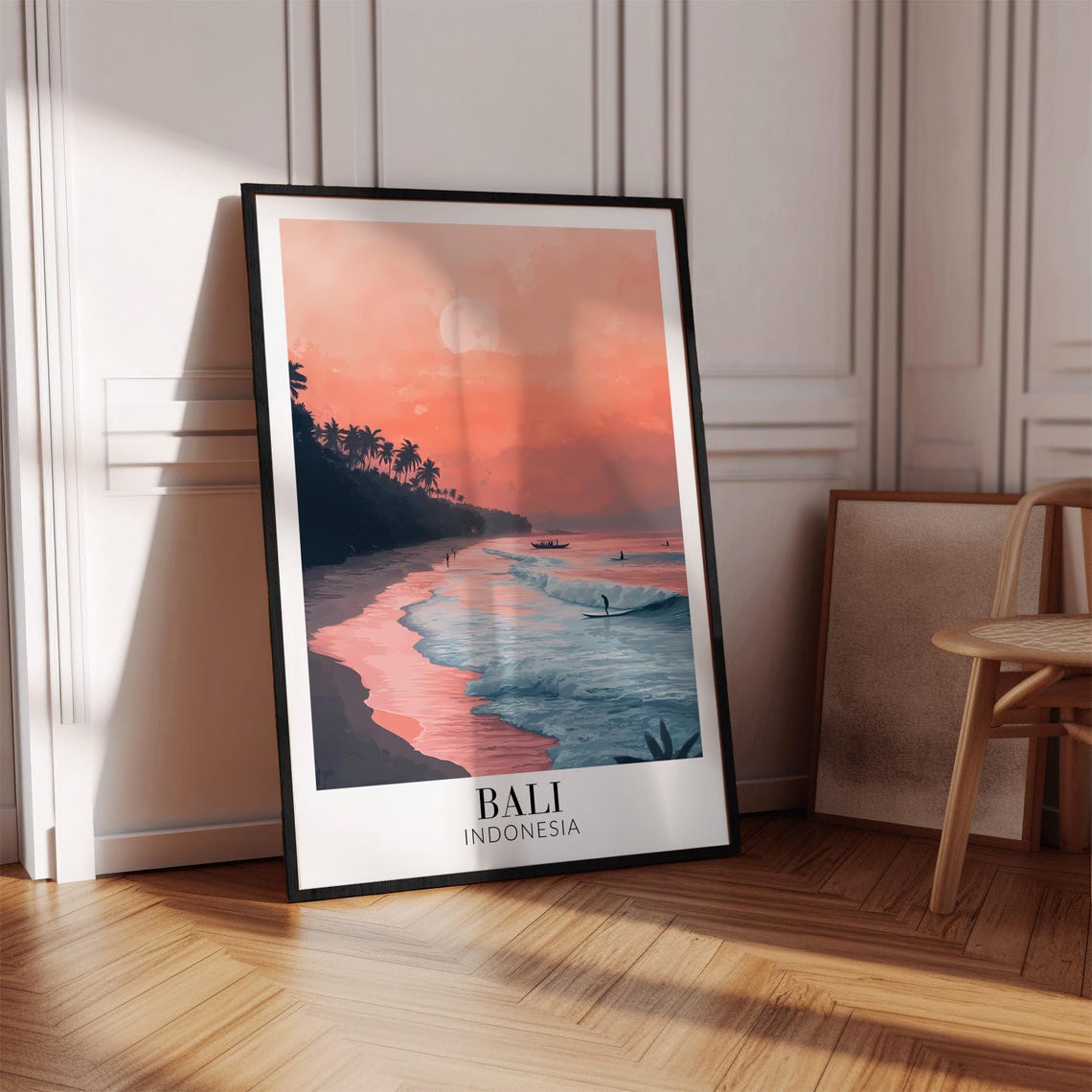 Bali Pastel Sunset Beach Surfers Pink Waves Indonesia Poster - Image 4