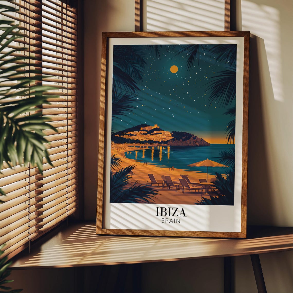 Starlit Ibiza Spain Night Beach Palm Tree Silhouette Art Poster - Image 3