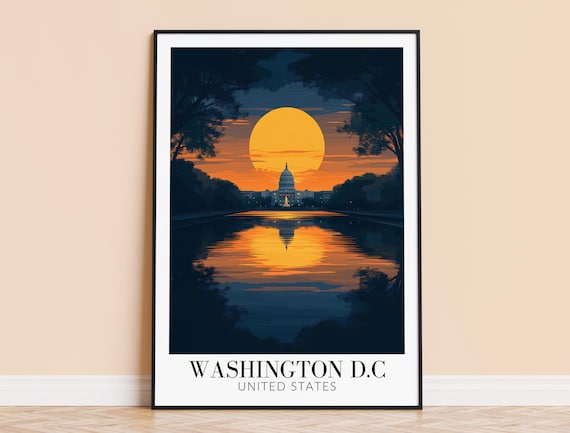 Washington DC US Capitol Sunset Reflecting Pool Travel Poster