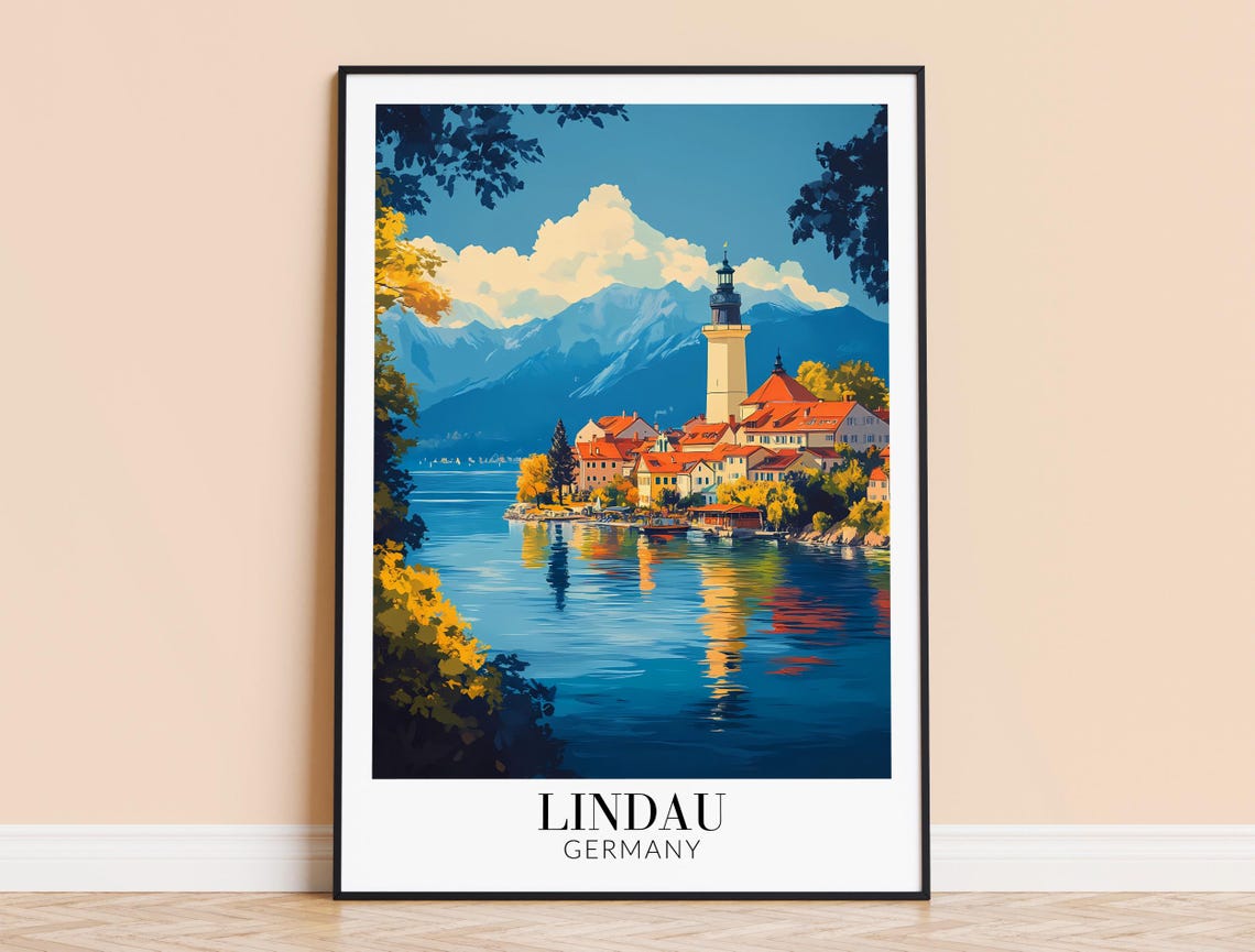 Lindau Lighthouse Lake Constance Sunset Germany Travel Poster