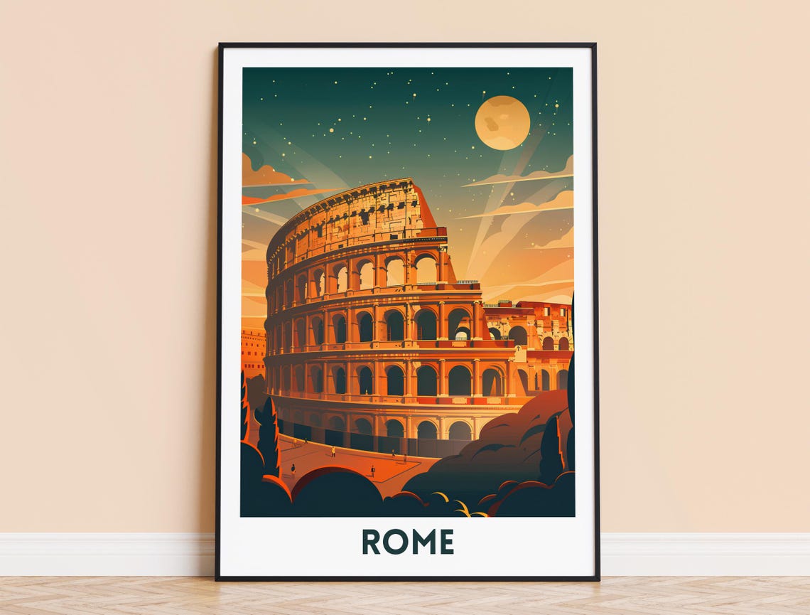 Rome Colosseum Glowing Moonlit Night Ancient Landmark Travel Poster