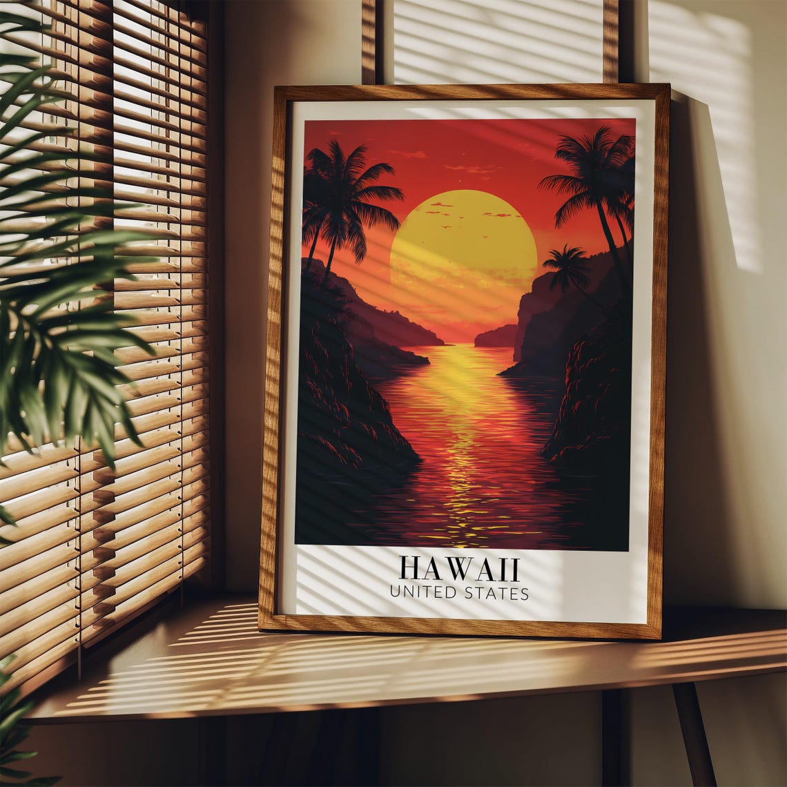 Hawaii Red Sunset Poster with Giant Sun Over Still Ocean Inlet - Image 4