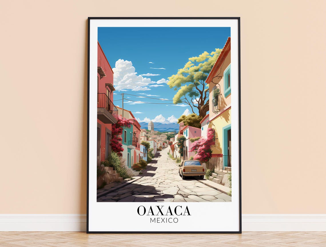 Oaxaca Mexico Cobblestone Street with Flowers Travel Art Poster
