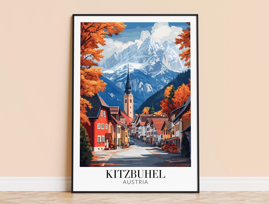 Kitzbuehel Austria Autumn Alpine Street with Church Travel Poster