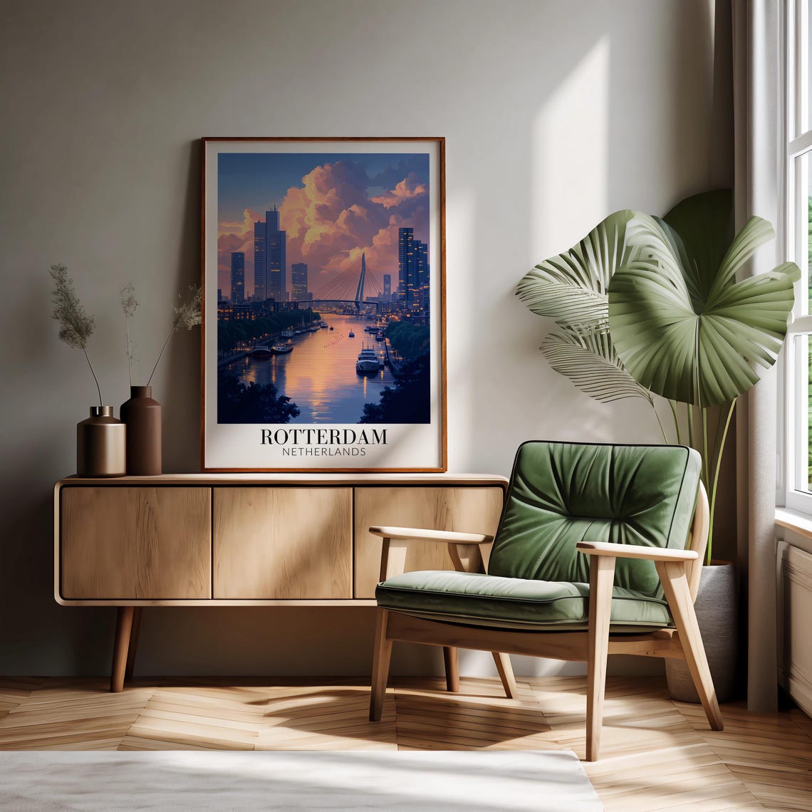 Rotterdam Erasmus Bridge Twilight River Reflection Glow Poster - Image 2