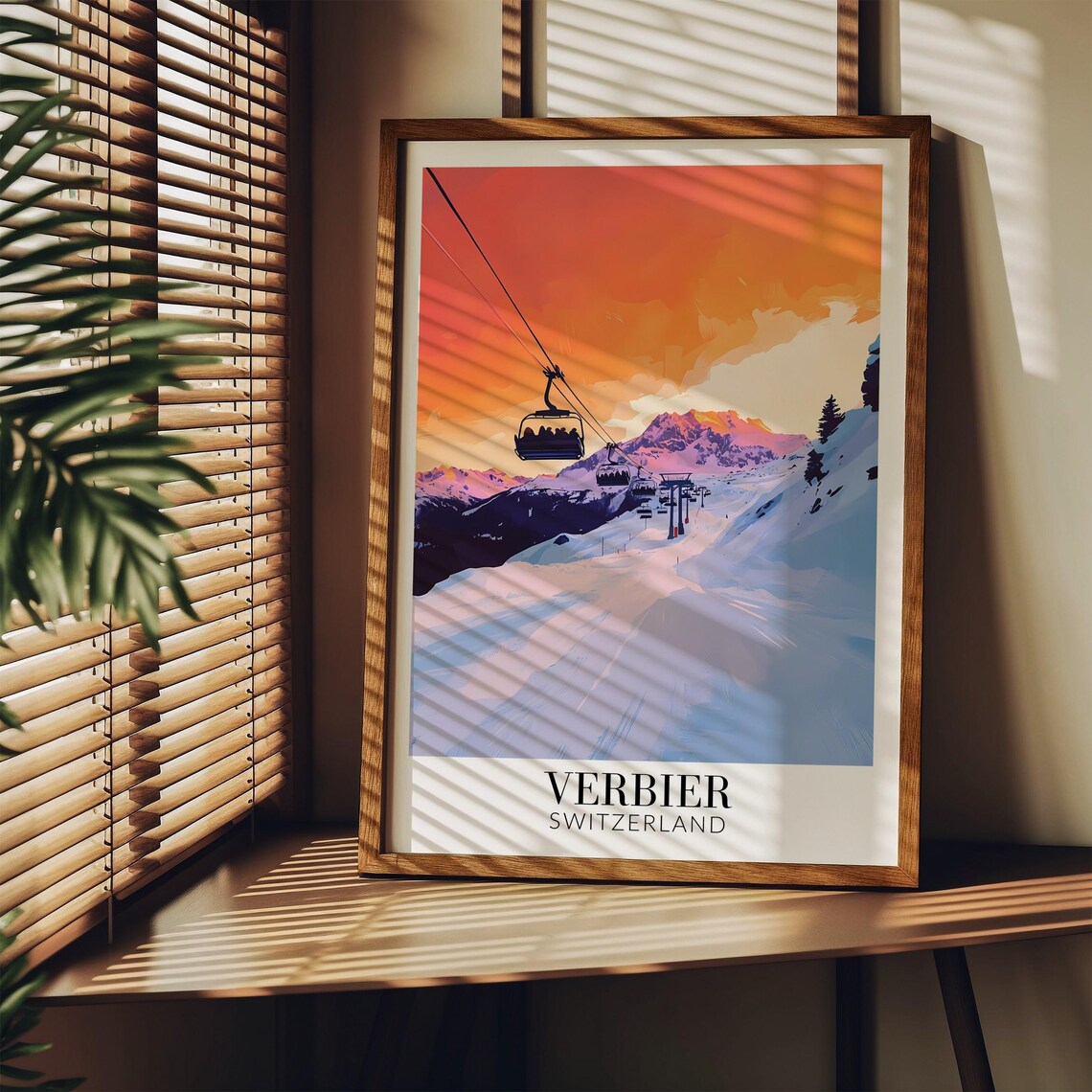 Verbier Switzerland Ski Lift at Sunset Over Snowy Slopes Poster - Image 3