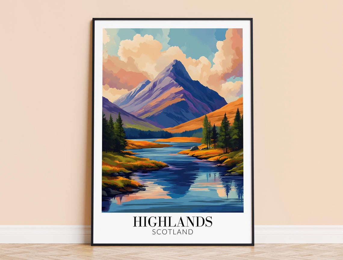 Scottish Highlands Mountain River Sunset Reflection Travel Poster