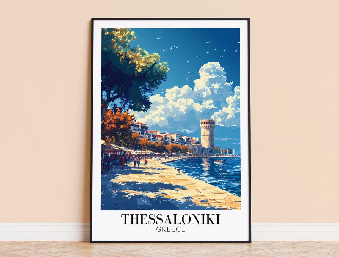 Thessaloniki Greece Waterfront Promenade Colorful Travel Poster