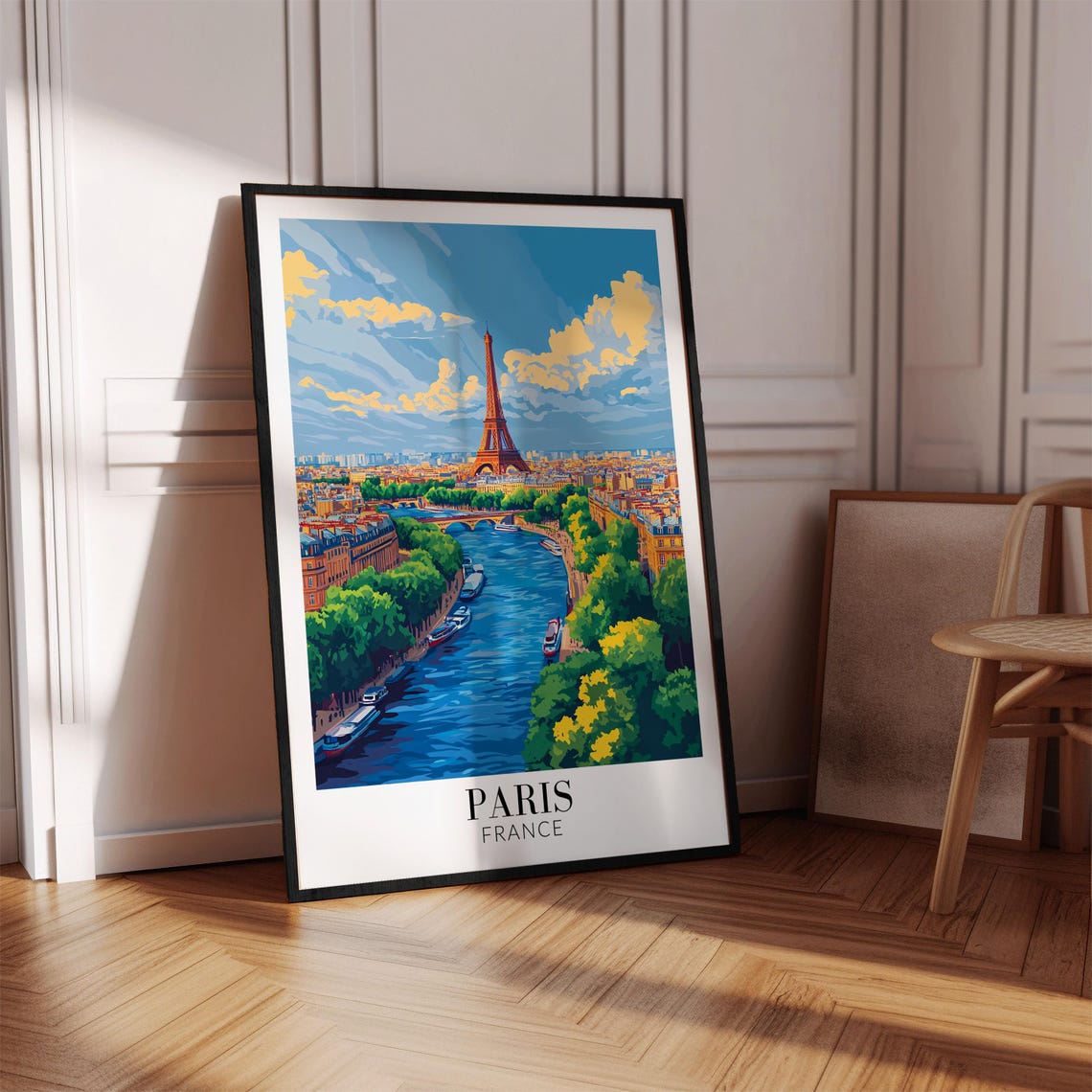 Paris Eiffel Tower Seine Bold Blue Daytime Clouds Travel Poster - Image 4
