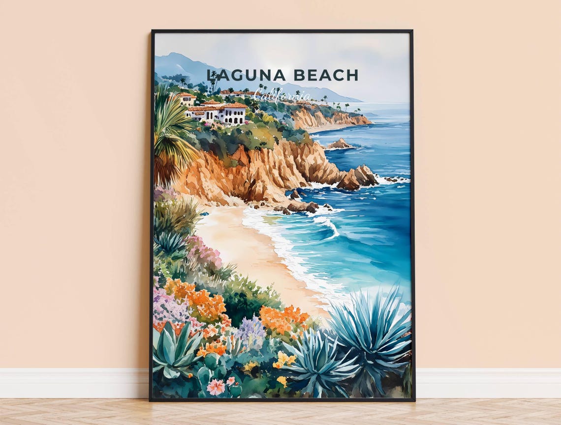 Laguna Beach California Watercolor Cliffs Beach Travel Poster