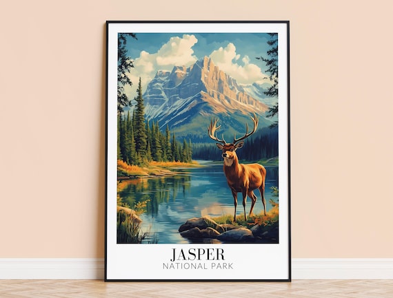 Jasper National Park Elk By Alpine Lake Mountain Travel Poster