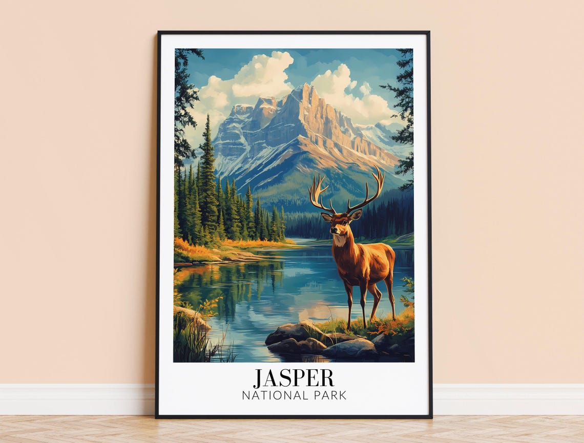 Jasper National Park Elk By Alpine Lake Mountain Travel Poster