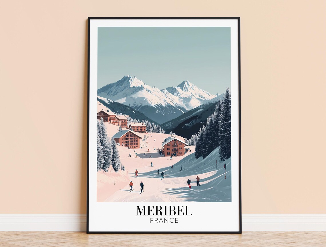 Meribel France Soft Pastel Ski Slopes With Skiers Winter Travel Poster