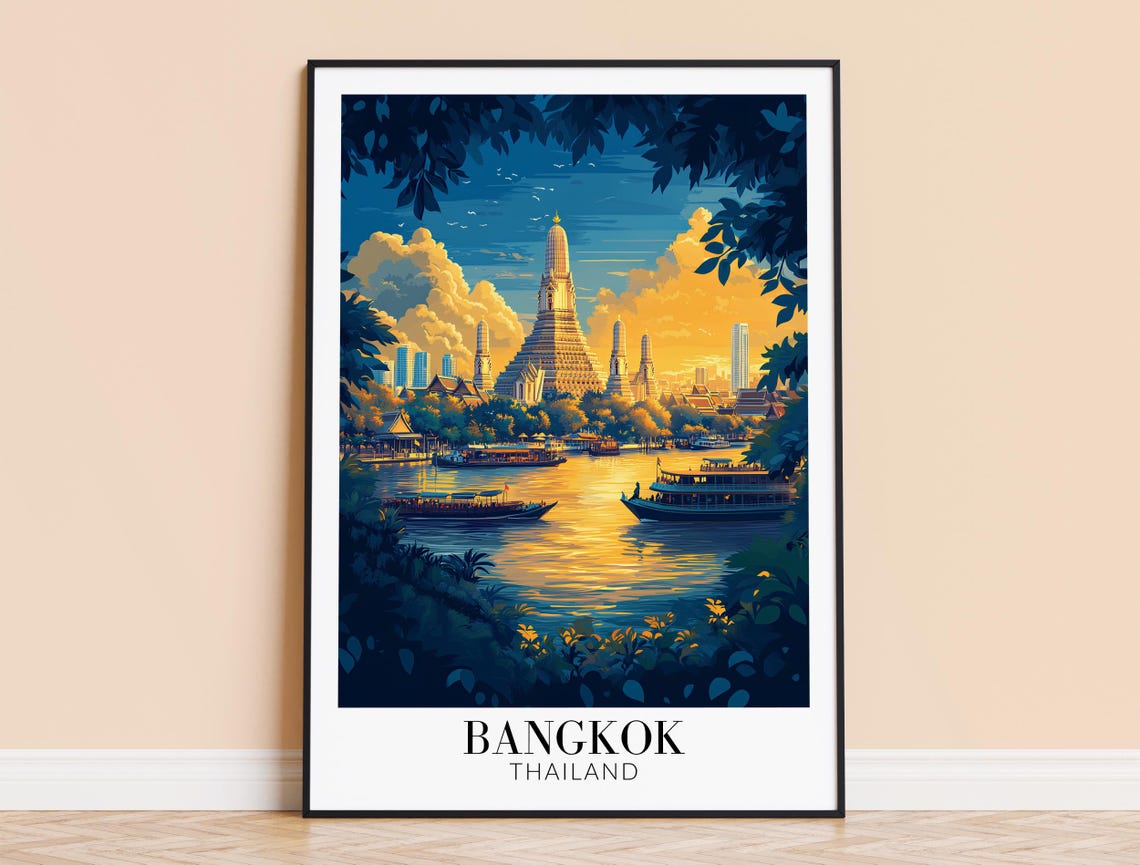 Bangkok Wat Arun Riverside Sunset Boats Golden Sky Travel Poster