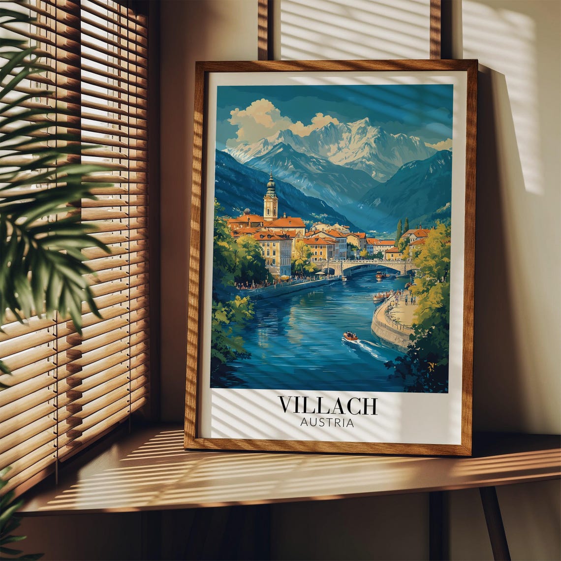 Villach Austria Calm River Church Snowy Alpine Mountains Poster - Image 4