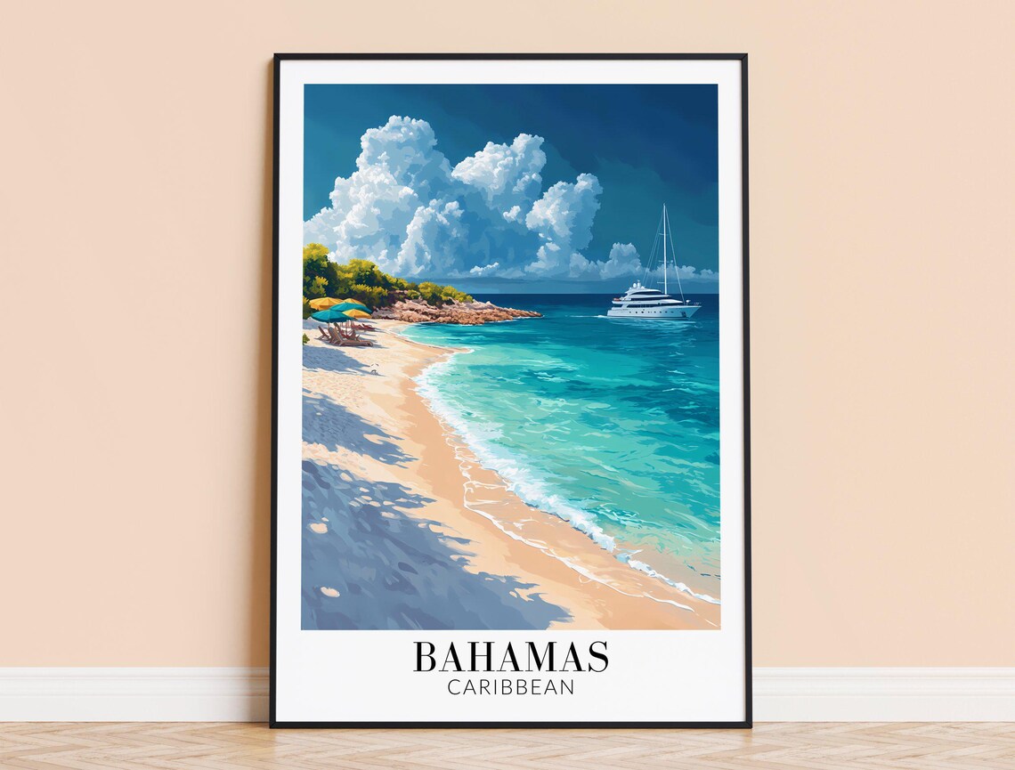 Bahamas Caribbean Beach Travel Poster Turquoise Sea Yacht Scene
