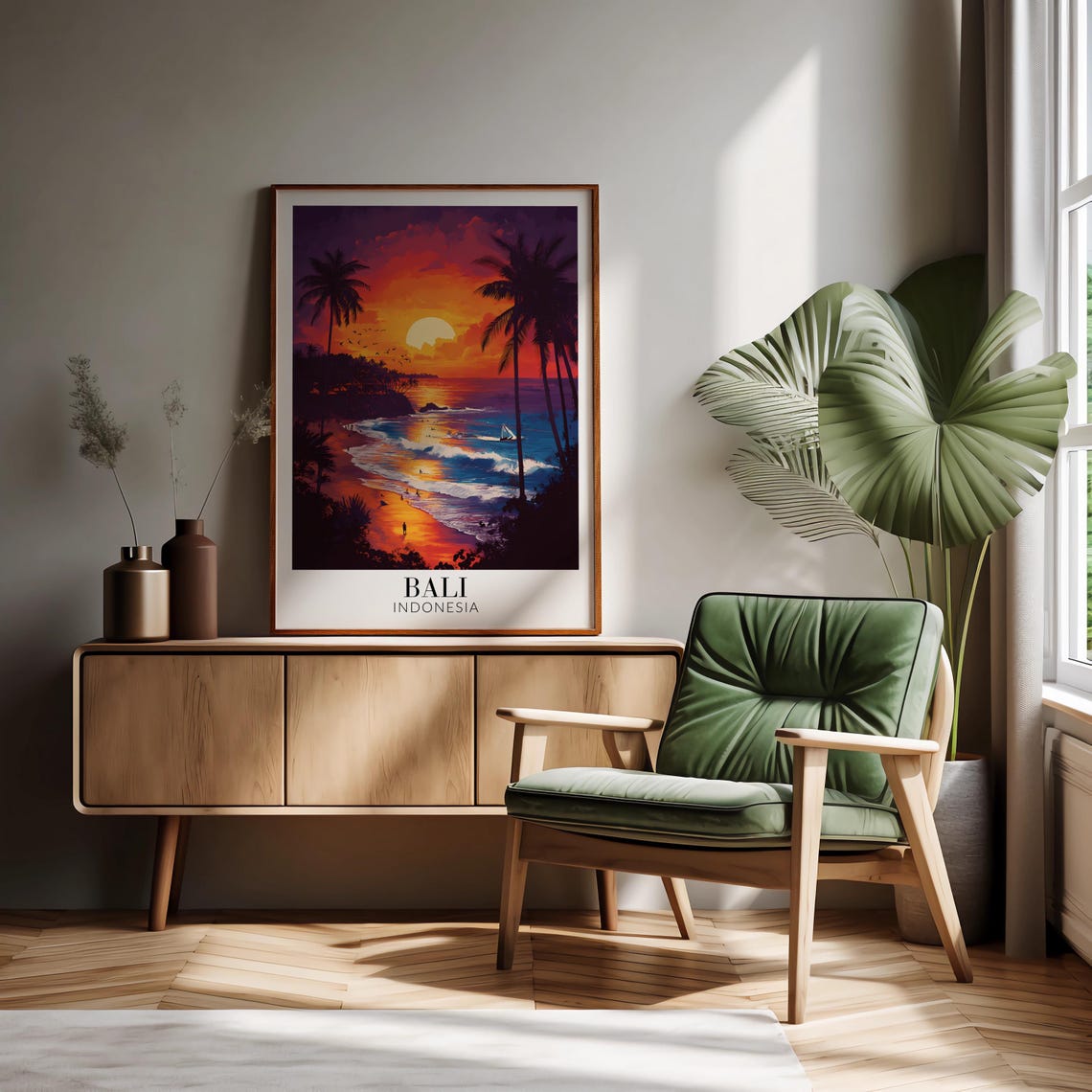 Bali Fiery Sunset Beach Palm Silhouettes Surfers Ocean Poster - Image 2