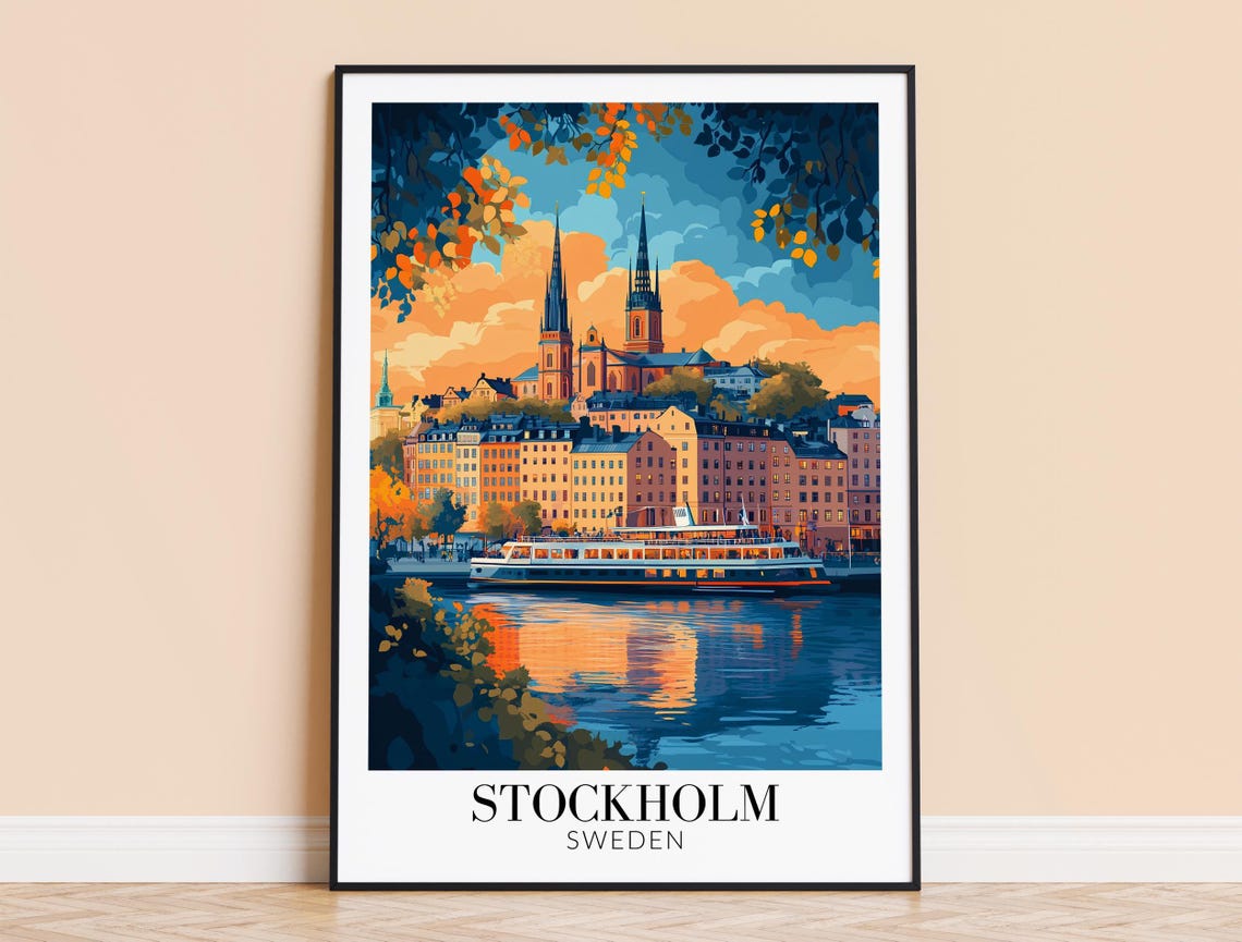 Stockholm Sweden Harbor Boat Dusk City Skyline Waterfront Poster