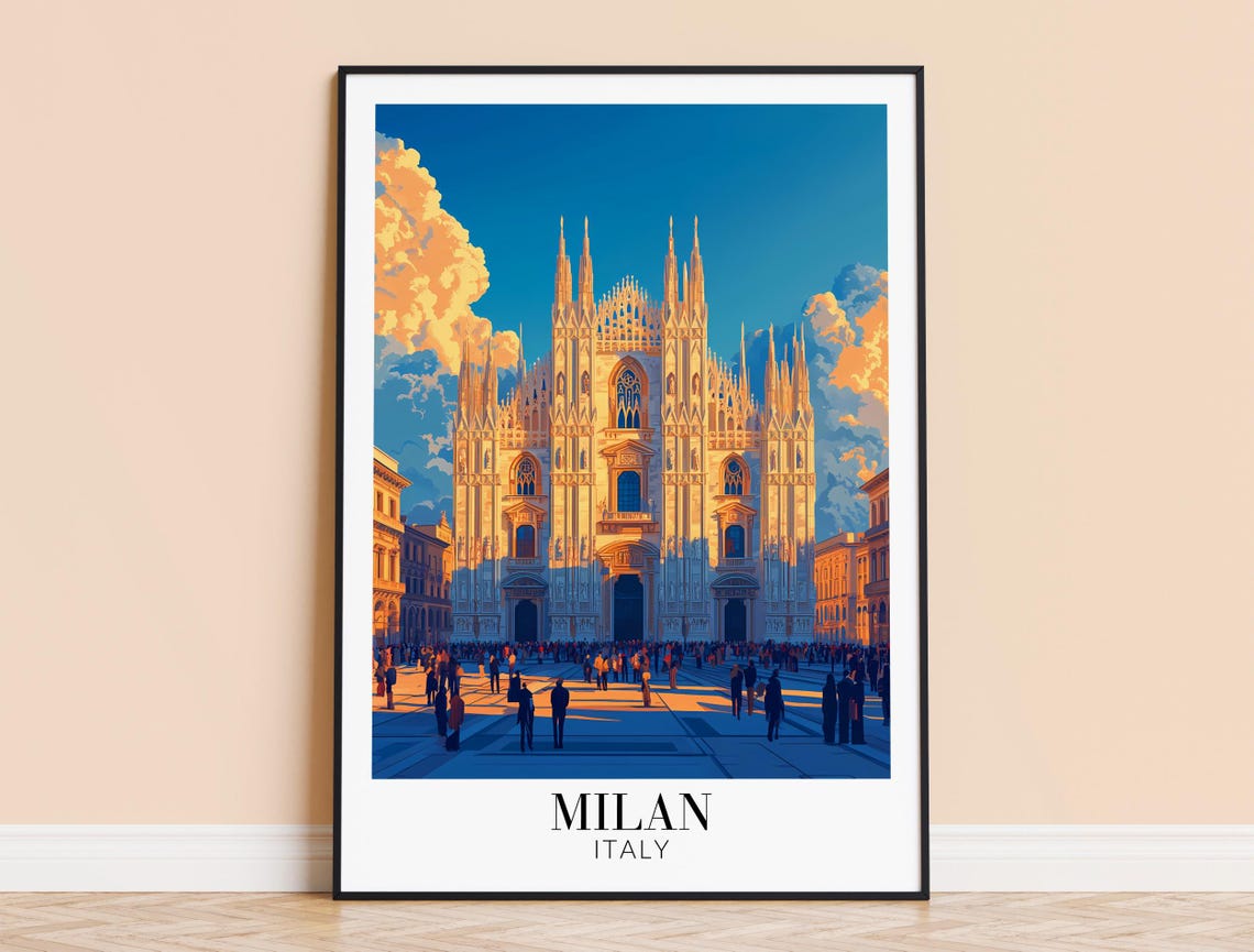 Milan Duomo Cathedral Bustling Piazza Daylight Italy Travel Poster