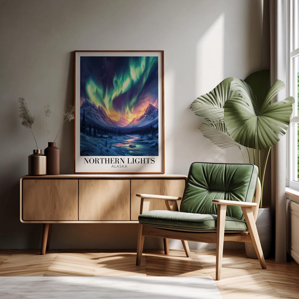 Alaska Northern Lights Aurora Over Snowy Mountain Valley Poster - Image 2