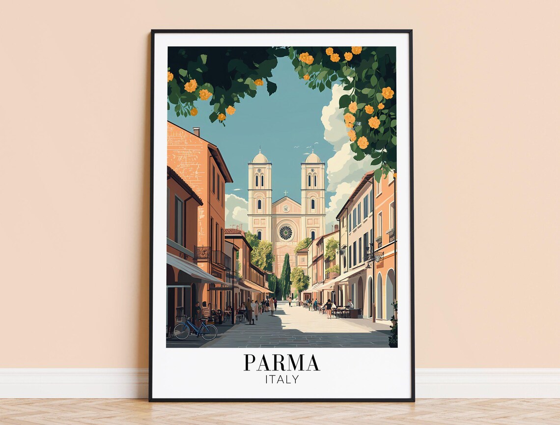 Parma Italy Cathedral Street Orange Blossom Trees Travel Poster