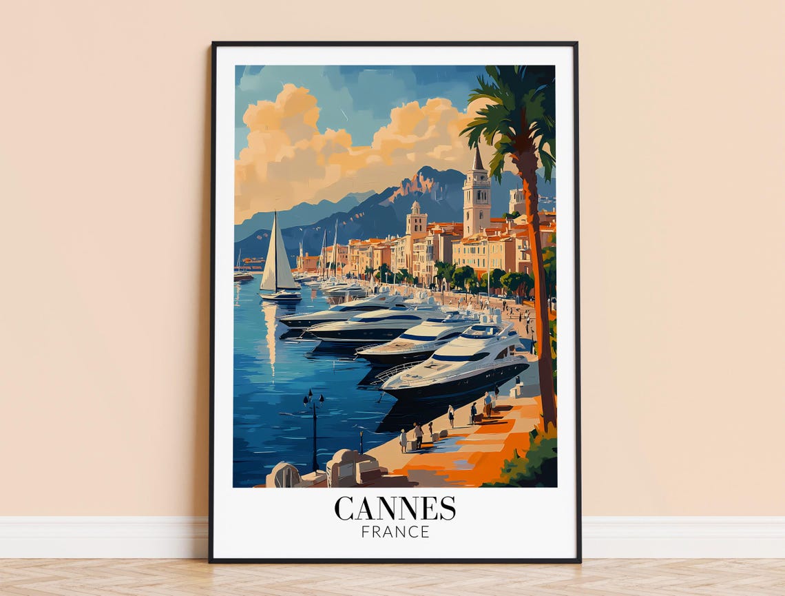 Cannes France Daytime Yacht Harbor Old Town Waterfront Scene Poster